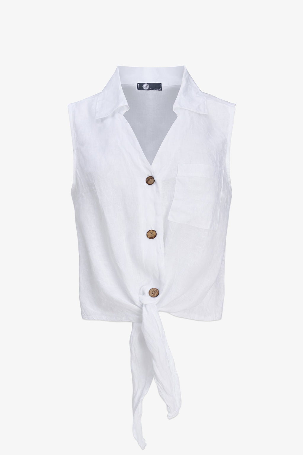 white sleeveless button-up shirt on a white background